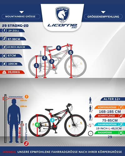 Licorne Bike Bicicleta de montaña Strong 2D, para niños, niñas, mujeres y hombres, freno de disco delantero y trasero, 21 velocidades, suspensión completa, negro/rojo, 29 pulgadas