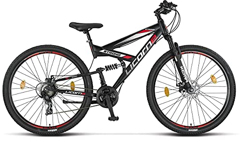 Licorne Bike Bicicleta de montaña Strong 2D, para niños, niñas, mujeres y hombres, freno de disco delantero y trasero, 21 velocidades, suspensión completa, negro/rojo, 29 pulgadas