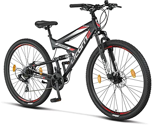 Licorne Bike Bicicleta de montaña Strong 2D, para niños, niñas, mujeres y hombres, freno de disco delantero y trasero, 21 velocidades, suspensión completa, negro/rojo, 29 pulgadas