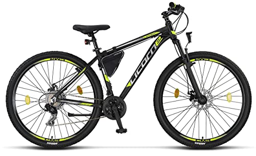 Licorne Bike Effect Premium - Bicicleta de montaña de 29 pulgadas - para niños, niñas, hombres mujeres - Cambio de 21 velocidades - para hombre - Negro/Lime (2 frenos de disco)