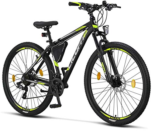 Licorne Bike Effect Premium - Bicicleta de montaña de 29 pulgadas - para niños, niñas, hombres mujeres - Cambio de 21 velocidades - para hombre - Negro/Lime (2 frenos de disco)