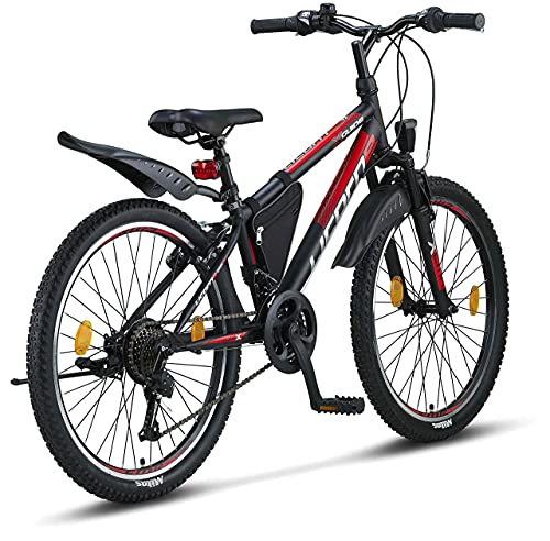 Licorne Bike Guide Bicicleta de montaña de 24 Pulgadas, Cambio de 21 velocidades, suspensión de Horquilla, Bicicleta Infantil, Bicicleta para niños y niñas, Bolsa para Cuadro,Negro/Rojo/Gris