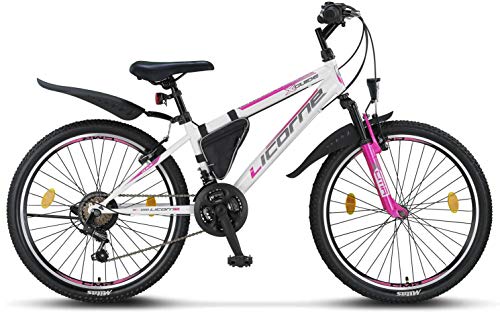 Licorne Bike Guide Bicicleta de montaña de 24 Pulgadas, Cambio de 21 velocidades, suspensión de Horquilla, Bicicleta Infantil, para Hombre y Mujer, Bolsa para Cuadro, Blanco/Rosa