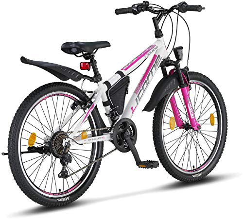 Licorne Bike Guide Bicicleta de montaña de 24 Pulgadas, Cambio de 21 velocidades, suspensión de Horquilla, Bicicleta Infantil, para Hombre y Mujer, Bolsa para Cuadro, Blanco/Rosa