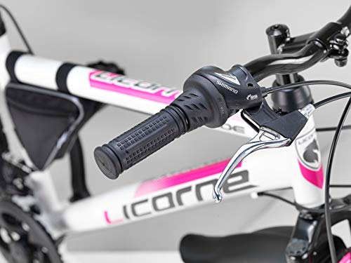 Licorne Bike Guide Bicicleta de montaña de 24 Pulgadas, Cambio de 21 velocidades, suspensión de Horquilla, Bicicleta Infantil, para Hombre y Mujer, Bolsa para Cuadro, Blanco/Rosa