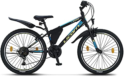 Licorne Bike Guide Bicicleta de montaña de 24 Pulgadas, Cambio de 21 velocidades, suspensión de Horquilla, Bicicleta Infantil,para Hombre y Mujer, Bolsa para Cuadro,Negro/Azul/Verde Lima
