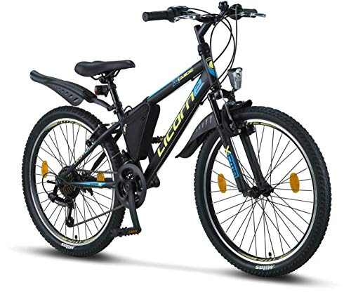 Licorne Bike Guide Bicicleta de montaña de 24 Pulgadas, Cambio de 21 velocidades, suspensión de Horquilla, Bicicleta Infantil,para Hombre y Mujer, Bolsa para Cuadro,Negro/Azul/Verde Lima