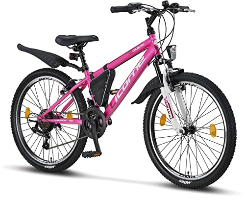 Licorne Bike Guide Bicicleta de montaña de 24 Pulgadas, Cambio de 21 velocidades, suspensión de Horquilla,Infantil, para niños y niñas, para Hombre y Mujer, Bolsa para Cuadro, Rosa/Blanco