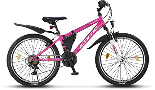 Licorne Bike Guide Bicicleta de montaña de 24 Pulgadas, Cambio de 21 velocidades, suspensión de Horquilla,Infantil, para niños y niñas, para Hombre y Mujer, Bolsa para Cuadro, Rosa/Blanco