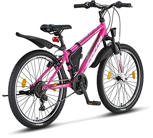 Licorne Bike Guide Bicicleta de montaña de 24 Pulgadas, Cambio de 21 velocidades, suspensión de Horquilla,Infantil, para niños y niñas, para Hombre y Mujer, Bolsa para Cuadro, Rosa/Blanco