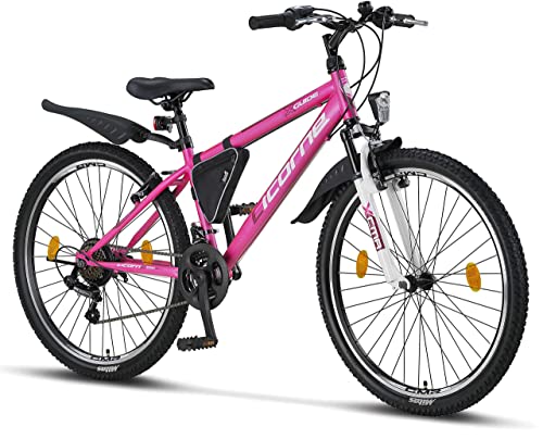 Licorne Bike Guide Bicicleta de montaña de 26 pulgadas, cambio de 21 velocidades, suspensión de horquilla, bicicleta infantil, para niños y niñas, bolsa para cuadro,rosa/blanco