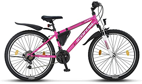 Licorne Bike Guide Bicicleta de montaña de 26 pulgadas, cambio de 21 velocidades, suspensión de horquilla, bicicleta infantil, para niños y niñas, bolsa para cuadro,rosa/blanco