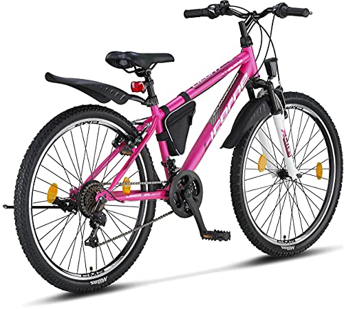 Licorne Bike Guide Bicicleta de montaña de 26 pulgadas, cambio de 21 velocidades, suspensión de horquilla, bicicleta infantil, para niños y niñas, bolsa para cuadro,rosa/blanco