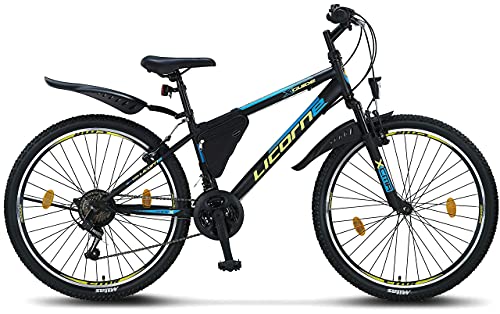 Licorne Bike Guide Bicicleta de montaña de 26 pulgadas, cambio de 21 velocidades,suspensión de horquilla,bicicleta para niños y niñas,bolsa para cuadro,negro/azul/verde lima