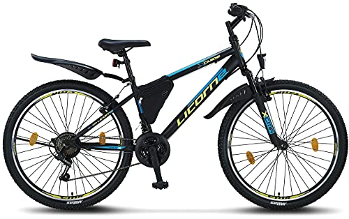 Licorne Bike Guide Bicicleta de montaña de 26 pulgadas, cambio de 21 velocidades,suspensión de horquilla,bicicleta para niños y niñas,bolsa para cuadro,negro/azul/verde lima