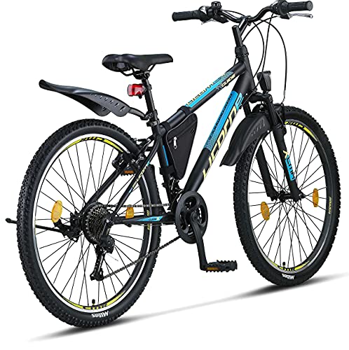 Licorne Bike Guide Bicicleta de montaña de 26 pulgadas, cambio de 21 velocidades,suspensión de horquilla,bicicleta para niños y niñas,bolsa para cuadro,negro/azul/verde lima