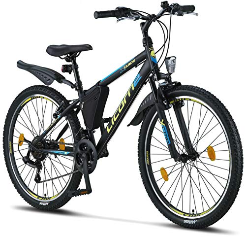 Licorne Bike Guide Bicicleta de montaña de 26 pulgadas, cambio de 21 velocidades,suspensión de horquilla,bicicleta para niños y niñas,bolsa para cuadro,negro/azul/verde lima