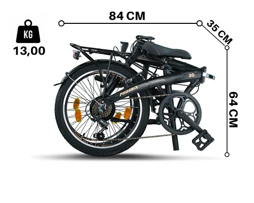 Licorne Bike Phoenix - Bicicleta plegable de aluminio de 20 pulgadas, para hombre y mujer, 7 velocidades, marco de aluminio, cubierta, StVZO, luz delantera y trasera (negro y dorado)