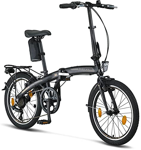 Licorne Bike Phoenix - Bicicleta plegable de aluminio de 20 pulgadas, para hombre y mujer, 7 velocidades, marco de aluminio, cubierta, StVZO, luz delantera y trasera (negro y dorado)