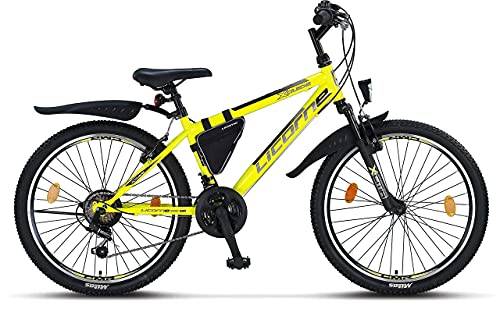 Licorne Bike Premium - Bicicleta de montaña para niña, niño, Hombre y Mujer, Cambios de 21 velocidades, Unisex Adulto, Amarillo/Negro, 24