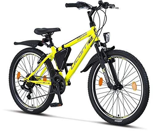 Licorne Bike Premium - Bicicleta de montaña para niña, niño, Hombre y Mujer, Cambios de 21 velocidades, Unisex Adulto, Amarillo/Negro, 24