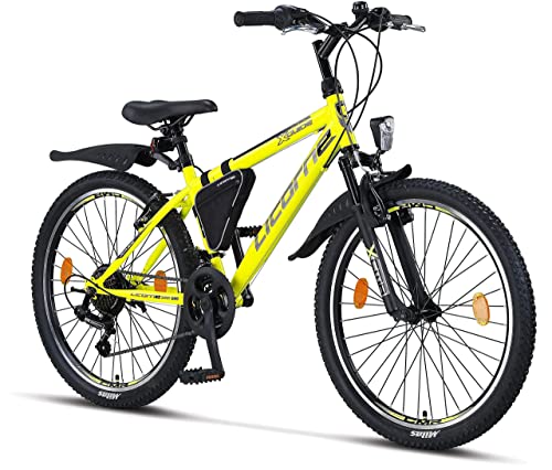 Licorne Bike Premium - Bicicleta de montaña para niña, niño, Hombre y Mujer, Cambios de 21 velocidades, Unisex Adulto, Amarillo/Negro, 24