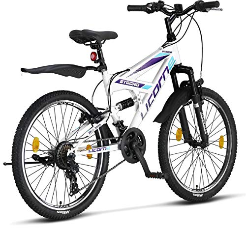 Licorne Strong Bike - Bicicleta de montaña prémium de 26 pulgadas, para niños, niñas, mujeres y hombres, cambio de 21 velocidades, suspensión completa, Niñas, blanco/morado, 24 Pulgadas