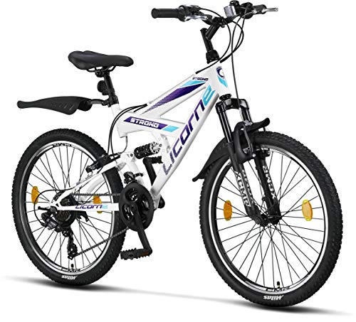 Licorne Strong Bike - Bicicleta de montaña prémium de 26 pulgadas, para niños, niñas, mujeres y hombres, cambio de 21 velocidades, suspensión completa, Niñas, blanco/morado, 24 Pulgadas