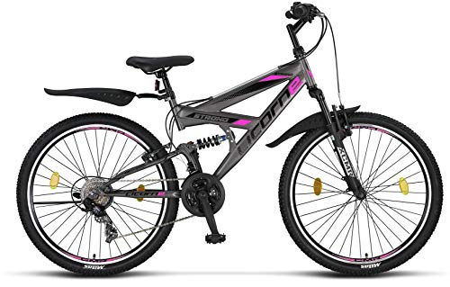 Licorne Strong Bike - Bicicleta de montaña prémium de 26 pulgadas, para niños, niñas, mujeres y hombres, cambio de 21 velocidades, suspensión completa, Gris antracita/rosa., 66,04 cm