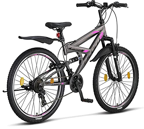 Licorne Strong Bike - Bicicleta de montaña prémium de 26 pulgadas, para niños, niñas, mujeres y hombres, cambio de 21 velocidades, suspensión completa, Gris antracita/rosa., 66,04 cm