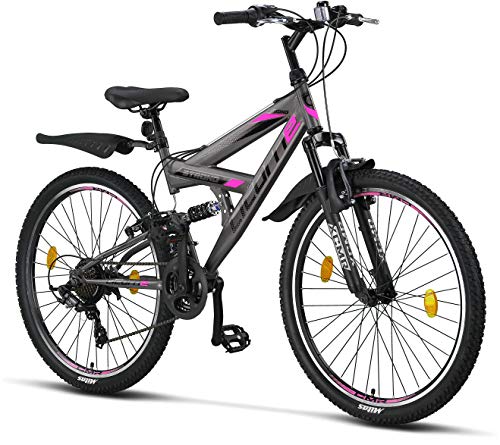 Licorne Strong Bike - Bicicleta de montaña prémium de 26 pulgadas, para niños, niñas, mujeres y hombres, cambio de 21 velocidades, suspensión completa, Gris antracita/rosa., 66,04 cm