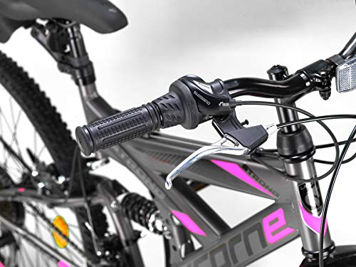 Licorne Strong Bike - Bicicleta de montaña prémium de 26 pulgadas, para niños, niñas, mujeres y hombres, cambio de 21 velocidades, suspensión completa, Niñas, Gris antracita/rosa., 24 Pulgadas