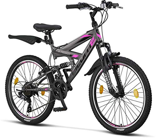 Licorne Strong Bike - Bicicleta de montaña prémium de 26 pulgadas, para niños, niñas, mujeres y hombres, cambio de 21 velocidades, suspensión completa, Niñas, Gris antracita/rosa., 24 Pulgadas