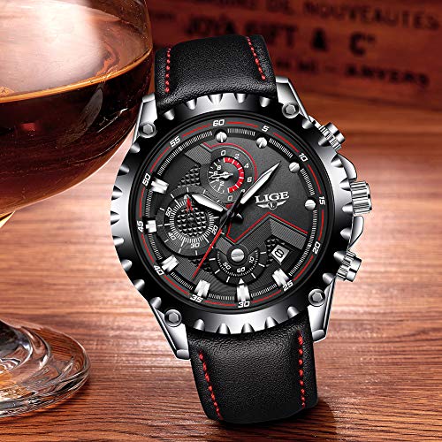 LIGE Relojes Hombres Cronógrafo Impermeable Militar Deportivo Analógico Cuarzo Relojes Hombre Moda Negro Cuero Calendario Relojes de Pulsera