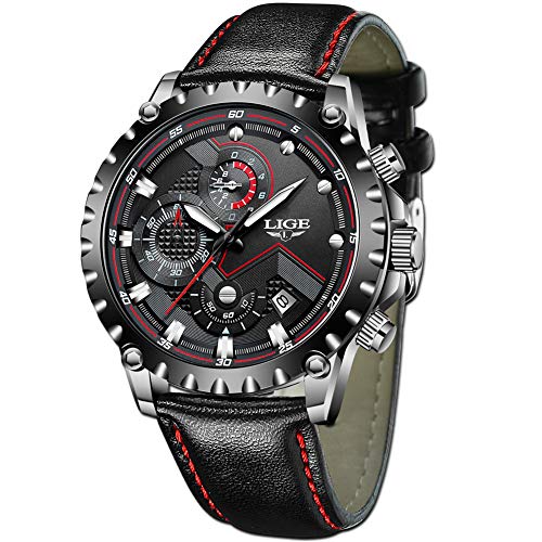 LIGE Relojes Hombres Cronógrafo Impermeable Militar Deportivo Analógico Cuarzo Relojes Hombre Moda Negro Cuero Calendario Relojes de Pulsera