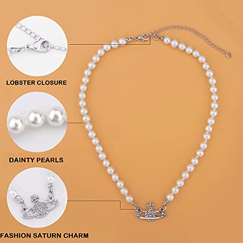 LIHELEI Collar de perlas Saturno para mujer, collar de perlas planeta, collar de plata de ley Saturno perla, gargantilla de orbe de perlas, joyería minimalista