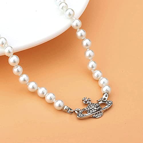 LIHELEI Collar de perlas Saturno para mujer, collar de perlas planeta, collar de plata de ley Saturno perla, gargantilla de orbe de perlas, joyería minimalista