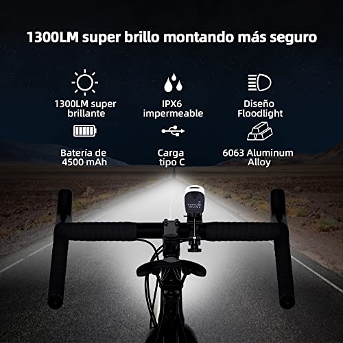 LIMEIES Luz Bicicleta, Conjunto de Luces para Bicicleta, 1300 lúmenes de Verdad, Ultraligera, Carcasa de Aluminio, 4500 mAh de batería, Impermeable IPX6, Luz bicicleta delantera y trasera