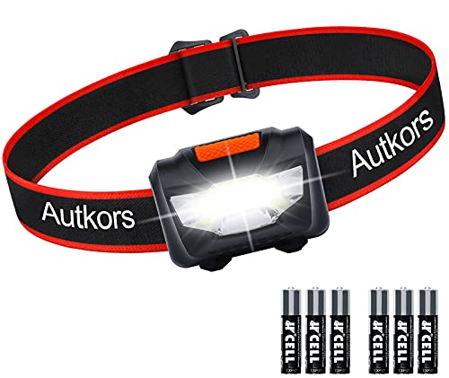 Linterna Frontal LED, Autkors Portátil Linterna Cabeza Super Brillante, Linterna Frontal Batería con 3 Modos, Impermeable y Adjustable para Niños, Adultos, Correr, Acampar (con 6 Pilas AAA)