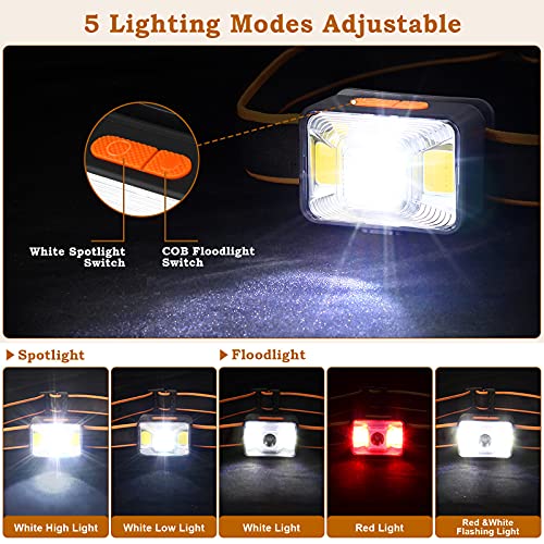 Linterna Frontal LED USB Recargable (2 Piezas), Linterna Cabeza Muy Brillante, 5 Modos de Luz (Blanco y Rojo), IPX5 Impermeable, Mini Frontal LED para Niños, Correr, Acampar, Pescar, Ciclismo