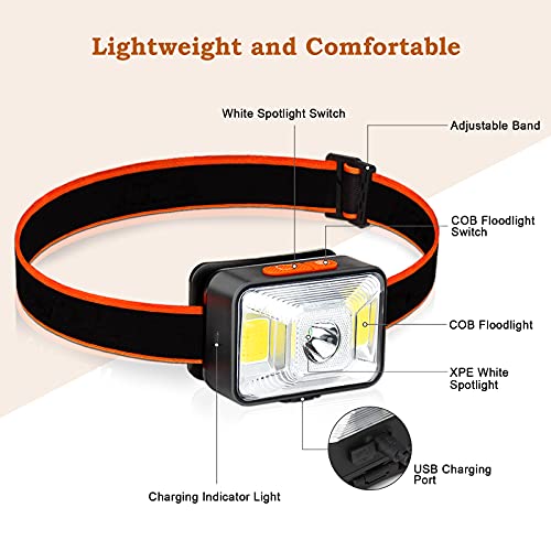 Linterna Frontal LED USB Recargable (2 Piezas), Linterna Cabeza Muy Brillante, 5 Modos de Luz (Blanco y Rojo), IPX5 Impermeable, Mini Frontal LED para Niños, Correr, Acampar, Pescar, Ciclismo