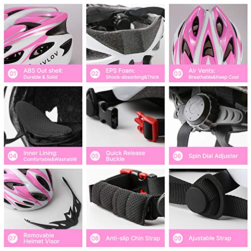 LIVLOV Casco Bicicleta Mujer Certificado CE, Casco Bicicleta Adulto Ajustable 56-62 cm, Casco de Bicicleta de Montaña con Visera Extraíble y Acolchado