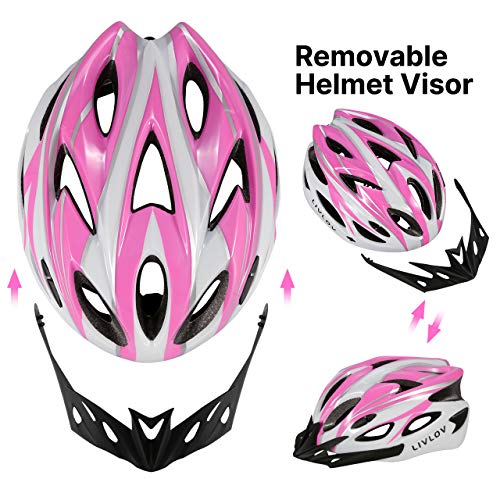 LIVLOV Casco Bicicleta Mujer Certificado CE, Casco Bicicleta Adulto Ajustable 56-62 cm, Casco de Bicicleta de Montaña con Visera Extraíble y Acolchado