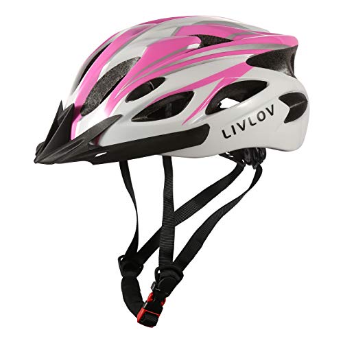 LIVLOV Casco Bicicleta Mujer Certificado CE, Casco Bicicleta Adulto Ajustable 56-62 cm, Casco de Bicicleta de Montaña con Visera Extraíble y Acolchado