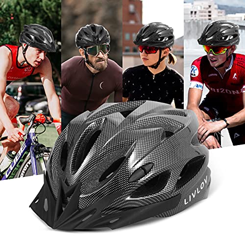 LIVLOV Casco Bicicleta Unisex Adulto Unisexo Ajustable 56-62 cm con Visera y Forro Desmontable Especializado para Ciclismo de Montaña Motocicleta (Negro carbón)