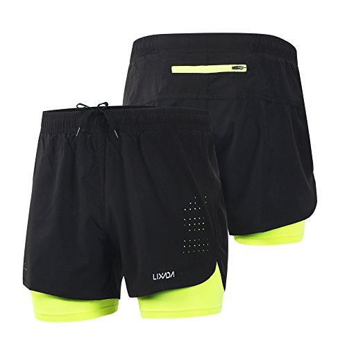 Lixada Hombres Pantalónes Cortos de Running 2-en-1, Pantalones Cortos de Atletismo, Pantalones Cortos de Fitness Maratón, Transpirable Pantalones+Secado Rápido (Verde, S)