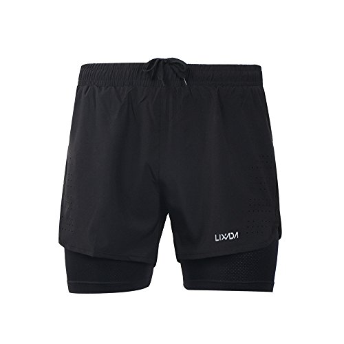 Lixada Hombres Pantalónes Cortos de Running 2-en-1, Pantalones Cortos de Atletismo, Pantalones Cortos de Fitness Maratón, Transpirable Pantalones+Secado Rápido (Negro, M)