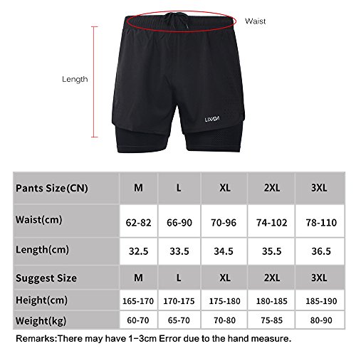 Lixada Hombres Pantalónes Cortos de Running 2-en-1, Pantalones Cortos de Atletismo, Pantalones Cortos de Fitness Maratón, Transpirable Pantalones+Secado Rápido (Negro, M)