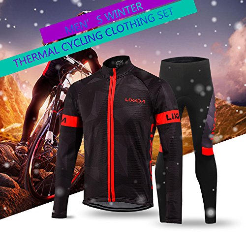 Lixada Maillot Ciclismo Hombres Manga Largo y Pantalones Ajustados 3D Acolchado Forro Térmico de Lana Anti-Viento Invierno/Otoño/Primavera