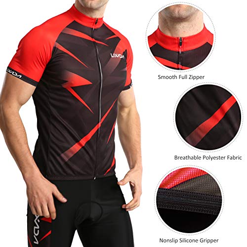 Lixada Ropa de Ciclismo para Hombre,Manga Corta Transpirable + Pantalones Cortos Acolchados,Traje de Ropa de Bicicleta de Montaña (Rojo+Negro, L)